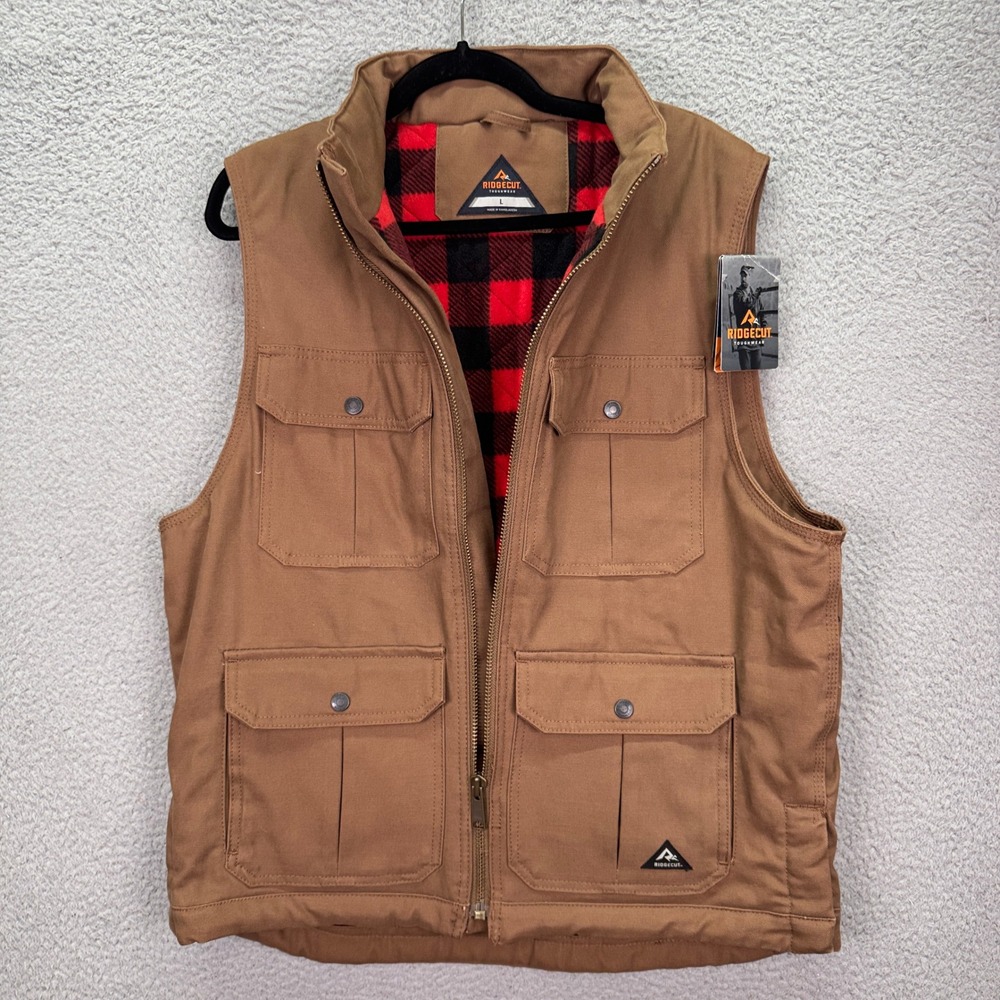 Ridgecut Vest Mens L Driftwood Brown Flannel Lined Duck Canvas Rugged Outdoor